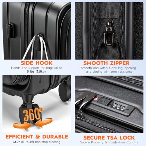 Expandable Top Opening 20 Inch Carry On Luggage with Laptop Compartment – Polycarbonate Hard Shell Suitcase, TSA Lock & Spinner Wheels (Black)