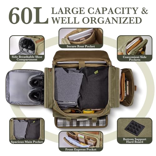 SHOWKOO Duffle Bag for Travel 60L Expandable Canvas Travel Bag Durable Vintage Weekender Overnight Carry On Bag for Men(Army Green)