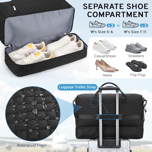 ZOMFELT Carry On Luggage 22x14x9 Airline Approved, 45L Waterproof Large Women Duffle Bag for Travel, Carry on Travel Bag with Shoe Compartment, Weekender Overnight Hospital Gym Bag for Women, Black
