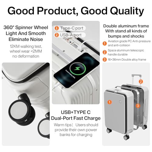 mixi Carry On Luggage with Cup Phone Holder and Charger Hard Shell Suitcases with Spinner Wheels, 20 Inch Smoke White