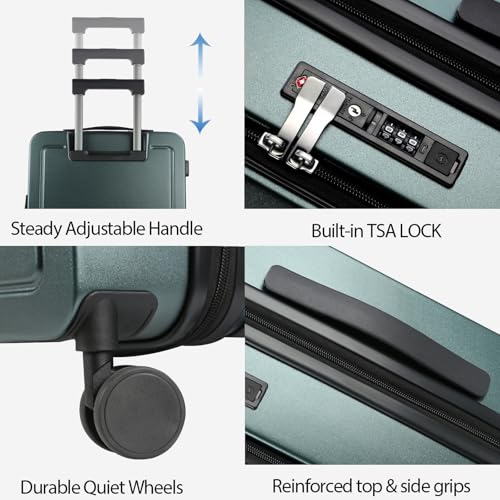 KROSER Carry On Luggage with Spinner Wheels & Built-in TSA Lock, Expandable Top Opening Hard Shell Suitcase Large Capacity Durable Rolling Luggage with USB Port, Carry-On 20-Inch, Dark Green