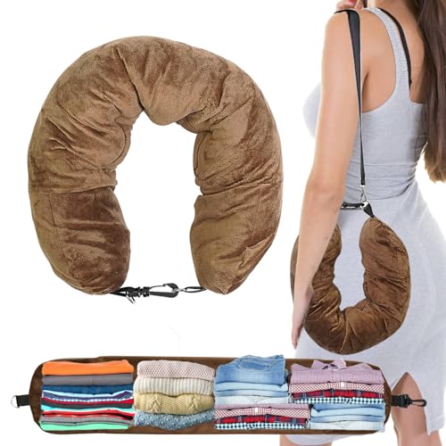 S-SNAIL-OO 1/2PCS Travel Pillow Stuffable with Clothes As Carry-On Luggage Fits Up to 3 Days of Travel Essentials, Multifunctional U-Shaped Pillowcase for Business, Trip, Outdoor (1PCS-Brown)