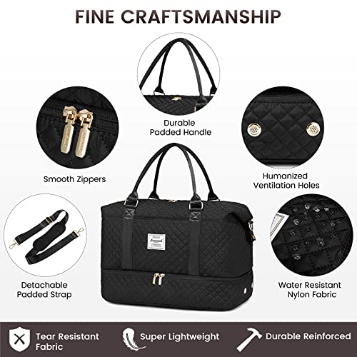 LOVEVOOK Travel Duffle Bag, Weekender Bags for Women with Shoe Compartment, Carry on Overnight Bag with Toiletry Bag, Gym Duffel Bag with Wet Pocket, Hospital Bags for Labor and Delivery, Black