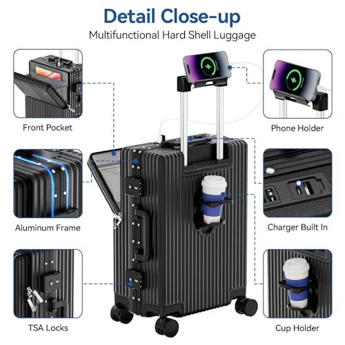 Hiyciy 20 Inch Carry On Luggage Front Pocket, Aluminum Frame PC Hardside Suitcase with Quick Makeup Area, Cup Holder & USB Charger, Spinner Wheels for Weekend Travel (Black, 20 Inch)