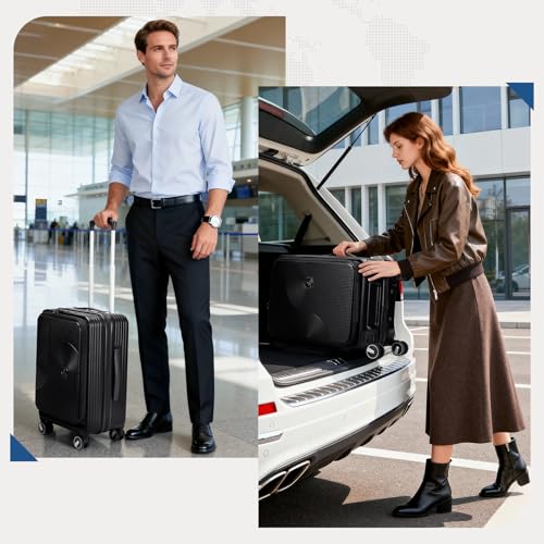 RAINSMORE Carry on Luggage 20 Inch Expandable, Airline Approved Carry on Suitcase with Front Compartment & Top Opening Hard Shell Rolling Travel Luggage with TSA Lock & Spinner Wheels, Black