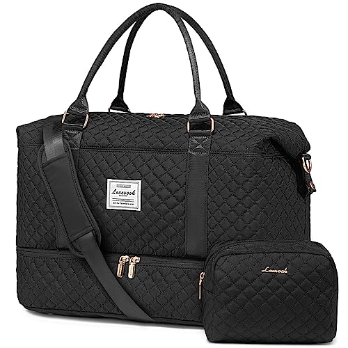 LOVEVOOK Travel Duffle Bag, Weekender Bags for Women with Shoe Compartment, Carry on Overnight Bag with Toiletry Bag, Gym Duffel Bag with Wet Pocket, Hospital Bags for Labor and Delivery, Black