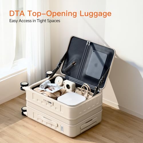 DTA Nova Top Opening Expandable Lightweight PC Hard Shell Suitcase, 20 Inch Carry On Luggage with TSA Lock, 360 Silent Spinner Wheels, Cup Holder, Ideal for Business Travel Suitcase (Beige)
