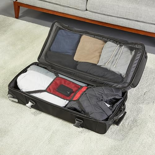 Amazon Basics 30-Inch Large Rolling Duffel Bag with Wheels and Handle, Durable Ripstop Polyester, 2 Layers of Space, Multiple Interior and Exterior Pockets, Black