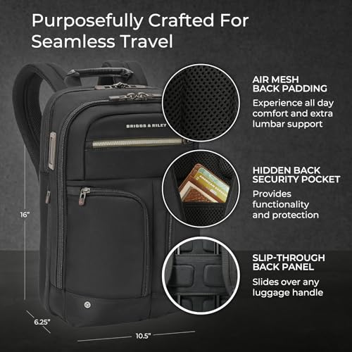 Briggs & Riley Slim Expandable Backpack - Carry On Travel Backpack for Women & Men, Personal Item Bag, Self-Repairing Zippers, Padded Straps, Fits up to 16" Laptop - HTA Collection, Black