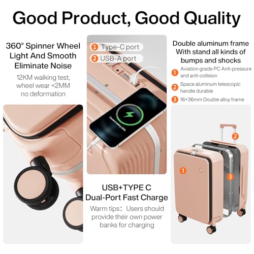 mixi Carry On Luggage with Cup Phone Holder and Charger Hard Shell Suitcases with Spinner Wheels,20 Inch Light Pink