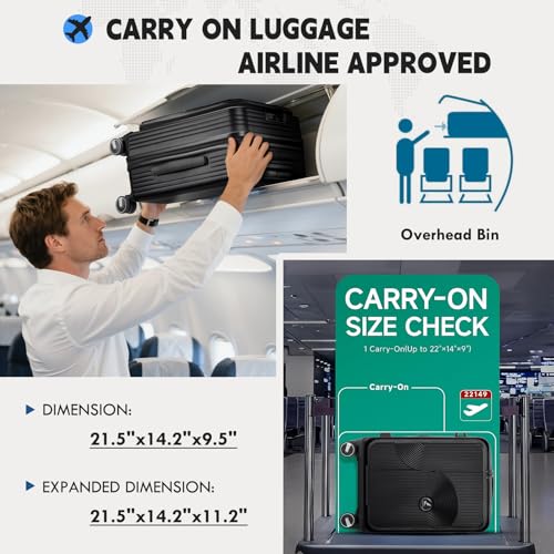 RAINSMORE Carry on Luggage 20 Inch Expandable, Airline Approved Carry on Suitcase with Front Compartment & Top Opening Hard Shell Rolling Travel Luggage with TSA Lock & Spinner Wheels, Black