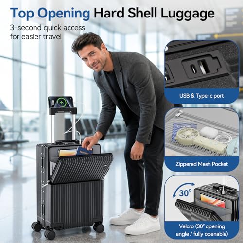Hiyciy 20 Inch Carry On Luggage Front Pocket, Aluminum Frame PC Hardside Suitcase with Quick Makeup Area, Cup Holder & USB Charger, Spinner Wheels for Weekend Travel (Black, 20 Inch)