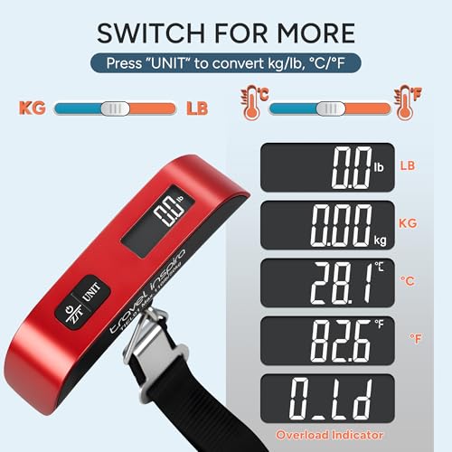 travel inspira Luggage Scale, Portable Digital Hanging Baggage Scale for Travel, Suitcase Weight Scale with Rubber Paint, 110 Pounds, Battery Included - Red