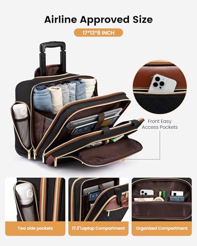 LOVEVOOK Rolling Laptop Bag Women, 17.3 Inch Laptop Briefcase with Wheels, Soft Sided Underseat Carry On Luggage Personal Item Suitcase for Work Travel Business, Black Brown