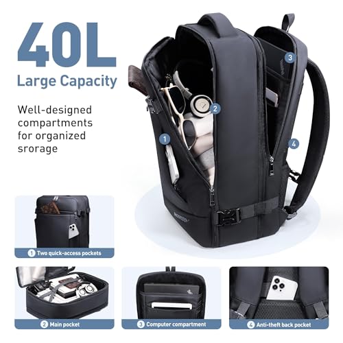 SHOWKOO Laptop Backpack for 17 Inch Laptop, 40L Expandable Large Capacity Backpack, TSA Carry On Travel Backpack with Padded Laptop Compartment, Water-Resistant College & Commuter Bag, Black