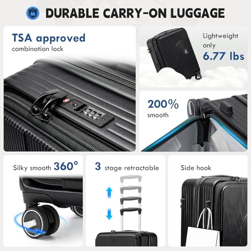 RAINSMORE Carry on Luggage 20 Inch Expandable, Airline Approved Carry on Suitcase with Front Compartment & Top Opening Hard Shell Rolling Travel Luggage with TSA Lock & Spinner Wheels, Black