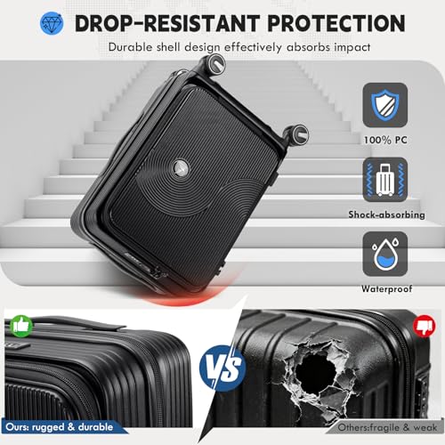 RAINSMORE Carry on Luggage 20 Inch Expandable, Airline Approved Carry on Suitcase with Front Compartment & Top Opening Hard Shell Rolling Travel Luggage with TSA Lock & Spinner Wheels, Black