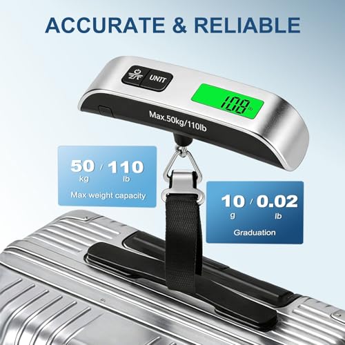 SkyStage Digital Luggage Scale, 110lb Suitcase Weight Scale for Travel with Backlit LCD Display, 4-Unit Switching, Portable Hanging Baggage Scale for Luggage, Backpacks, Packages (Battery Included)