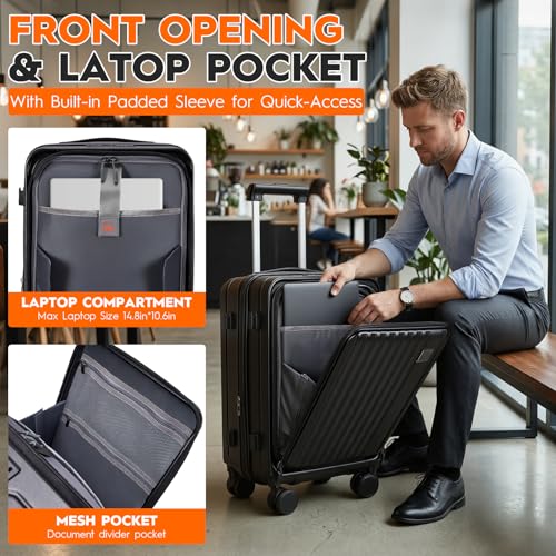 Expandable Top Opening 20 Inch Carry On Luggage with Laptop Compartment – Polycarbonate Hard Shell Suitcase, TSA Lock & Spinner Wheels (Black)