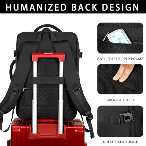 SHRRADOO Travel Backpack for Women & Men,Airline Approved Carry On Luggage,TSA Overnight Bags,40L Personal Item Travel Bag fits 17" Laptop,Carry on Bag with Underwear Bag Cosmetic Bag Set 3pcs (Black)