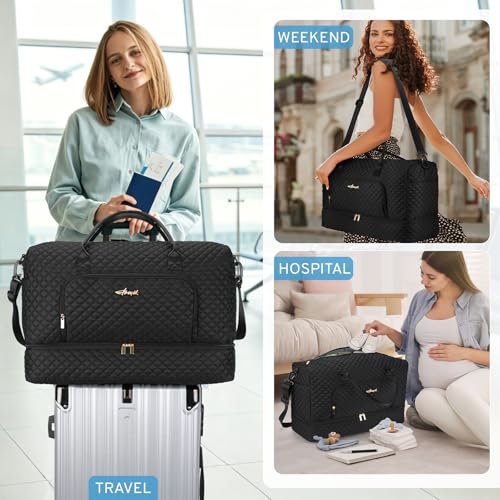ZOMFELT Carry On Luggage 22x14x9 Airline Approved, 45L Waterproof Large Women Duffle Bag for Travel, Carry on Travel Bag with Shoe Compartment, Weekender Overnight Hospital Gym Bag for Women, Black