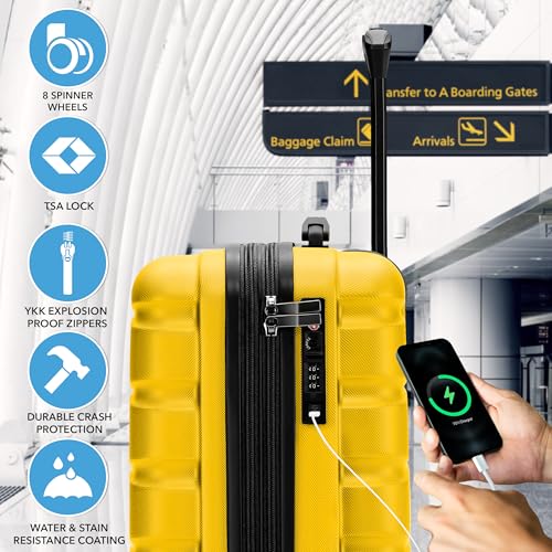 Flight Knight 22x14x9" Expandable Carry On Suitcase Hardside TSA Lock USB C Port Lightweight Luggage Silent Double Spinner Wheels Maximum Overhead Carry-On Bag For American & United Approved Airlines