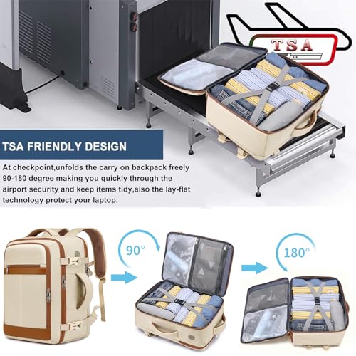 Travel Backpack for Women Airline Approved Carry On Backpack with Shoe Pouch,TSA 15.6inch Laptop Mochila Flight Approved Personal Item Bag for Weekender Overnight Bags Bookbag Travel Essentials,Beige