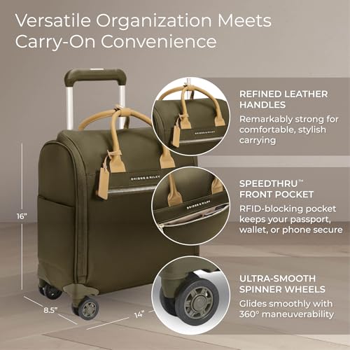 Briggs & Riley Wheeled Cabin Bag - Carry On Luggage for Travel, Suitcases with Wheels, Softside Rolling Bag for Men & Women, Interlocking Handle, Fits up to 13" Laptop - Rhapsody Collection, Olive