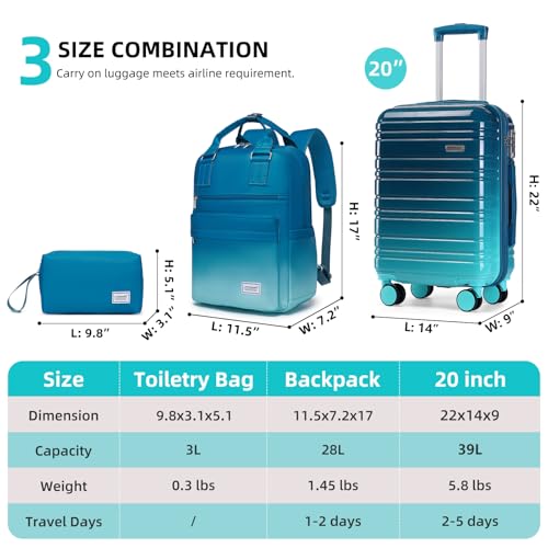 LARVENDER Carry on Luggage 22x14x9 Airline Approved Hardshell Suitcase with Wheels TSA Lock, PC+ABS Lightweight Suitcase Set for Women with Travel Backpack, Ocean Breeze, 3 Piece Set