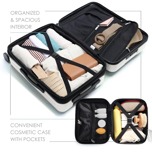 TRAVELARIM 22 Inch Carry On Luggage 22x14x9 Airline Approved, Small Carry On Suitcase, Hard-shell Carry-on Luggage with Wheels, Durable Expandable White Luggage Carry-On with Cosmetic Case