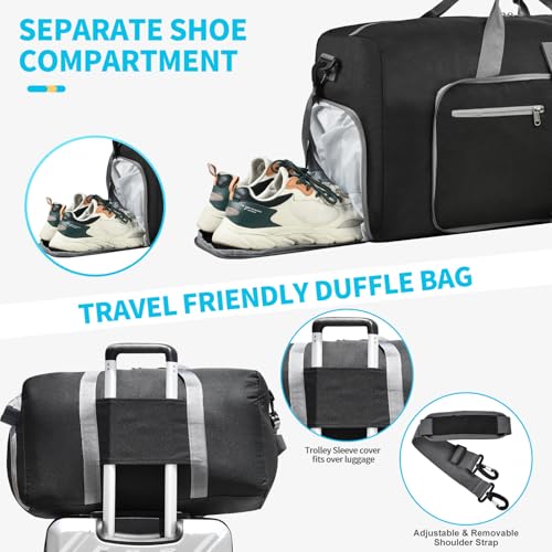 Felipe Varela 65L Duffle Bag with Shoes Compartment, Foldable Waterproof Travel Duffel Bags Duffle Overnight Weekend Travel Gym Bag for Men Women(Black)