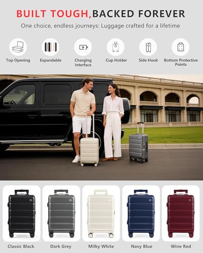 ISLAND ELEPHANT Expandable 20Inch Carry On Luggage Airline Approved - Top Opening Hardside Travel Suitcase Unbreakable -with Cup Holder,USB Charge,Side Pothook, 360°Spinner Wheels, TSA Lock-Black