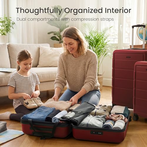 SHOWKOO PRO G-Series Luggage Sets 3 Piece Expandable 100% PC Durable Hardshell Suitcase with Wheels TSA Lock Lightweight Wine Red