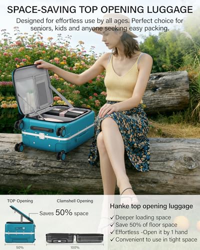 Hanke 20 Inch Top Opening Carry On Luggage with Cup Holder, Hard Shell Suitcase with Spinner Wheels, USB Ports, TSA Lock Aluminum Frame, Dry Wet Separation & Removable Divider, Caribbean Blue