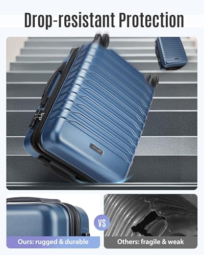 LIGHT FLIGHT Expandable Carry On Luggage 22x14x9 Airline Approved with Double Spinner Wheels, 20 Inch Lightweight Hard Shell Rolling Suitcases with TSA Lock, Blue