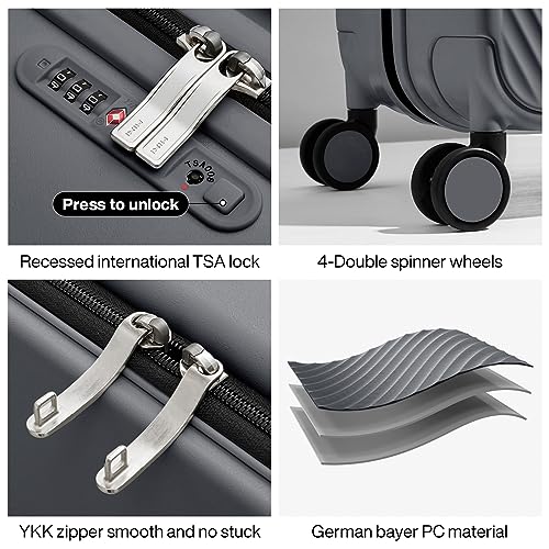 mixi Carry On Luggage Airline Approved 20'' Lightweight Luggage Wide Handle PC Hardshell Suitcases with Spinner Wheels & TSA Lock, Rock Gray