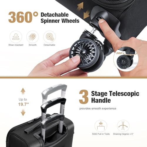 Tonyeee Softside Carry on Luggage Airline Approved, 17 Inch Underseat Carry-on Luggage with Removable Spinner Wheels, Small Personal Item Suitcase for Travel Business (Black, 17 inch_Underseat)