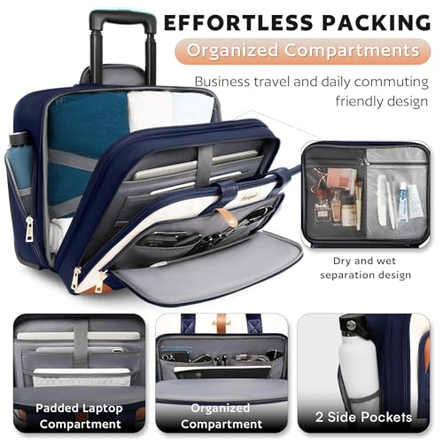 Arcoyard Rolling Laptop Bag, Rolling Briefcase for Women with Waterproof Pocket, 16 Inch Computer Bag, Underseat Carry On Luggage with Wheels for Work Travel Business, Lightweight Navy Blue Brown