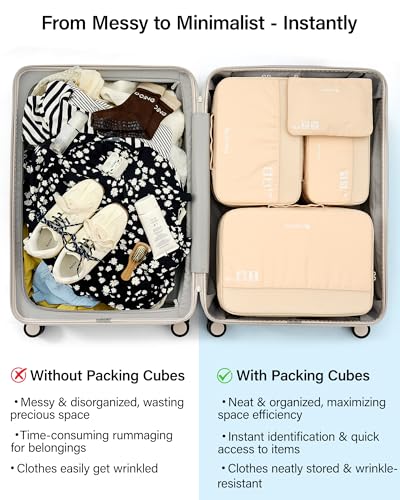 Hanke 7 Piece Expandable Compression Packing Cubes, Premium Travel Packing Organizers for Suitcases/Carry On, Luggage Organizer Bags with Breathable Mesh & Label,Off White