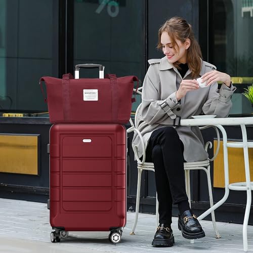 SHOWKOO Luggage Sets with Duffle Bag Expandable 100% PC Durable Suitcase Double Wheels TSA Lock 5pcs Wine Red