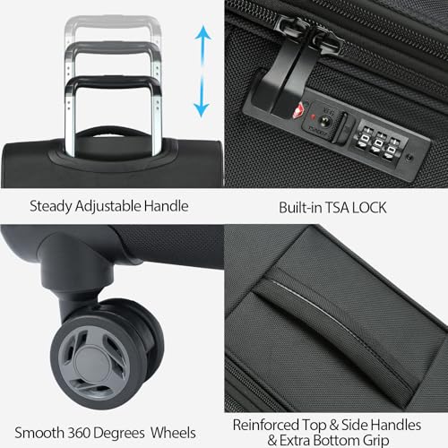 KROSER Softside Expandable Carry On Luggage with Front Business Pockets，20 Inch Suitcases with Spinner Wheels & Built-in TSA Lock, Durable Suitcase Rolling Luggage with USB Port, Black