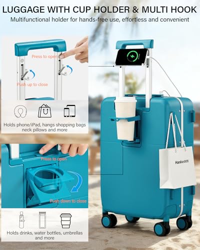 Hanke 20 Inch Top Opening Carry On Luggage with Cup Holder, Hard Shell Suitcase with Spinner Wheels, USB Ports, TSA Lock Aluminum Frame, Dry Wet Separation & Removable Divider, Caribbean Blue