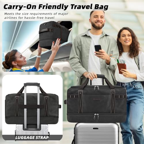 ZOMFELT Travel Duffle Bag for Men, 45L Carry On Luggage 22x14x9 Airline Approved, Waterproof Canvas Overnight Duffel Bag with Removable Dividers, Weekender Gym bag with Shoe Pocket (Washed Black)