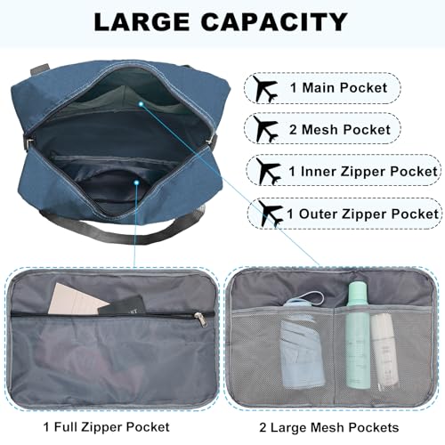 lifwimner Foldable Carry on Luggage Bag 22x14x9 Personal Item Bag for Airplanes Travel Duffel Bag for Women and Men (40L, Navy)