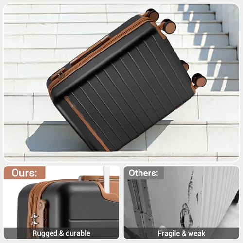 Kono Expandable 20 Inch Carry On Suitcase Airline Approved, Lightweight ABS+PC Hardshell Luggage with 360° Silent Spinner Wheels, Black/Brown