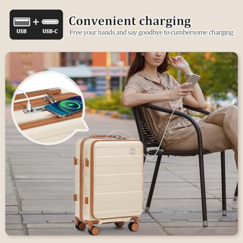 imiomo Carry on Luggage Airline Approved with Front Pocket and USB Port, Hard Shell 20 Inch Travel Carry-on Suitcase with Spinner Wheels and TSA Lock, White