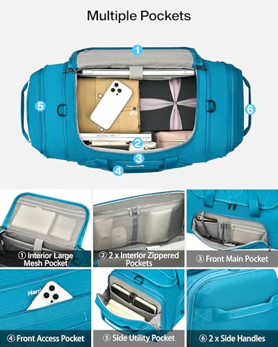 Hanke Duffle Bag for Travel, Dual Expandable 45L-55L Carry On Duffel, 3 In 1 Weekender Tote, Water Resistant Overnight Bag with 15.6" Compartment for Men Women, Caribbean Blue