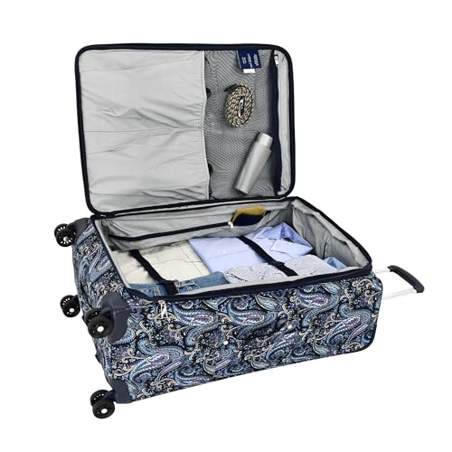 London Fog Mayfair 20 Inch Carry on Expandable Softside Spinner, Navy White Paisley