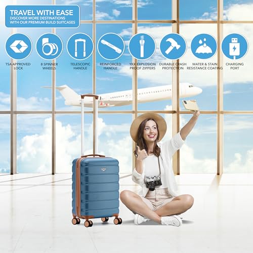 Flight Knight 22x14x9" Expandable Carry On Suitcase Hardside TSA Lock USB C Port Lightweight Luggage Silent Double Spinner Wheels Maximum Overhead Carry-On Bag For American & United Approved Airlines