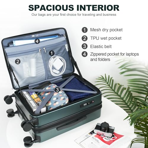 KROSER Carry On Luggage with Spinner Wheels & Built-in TSA Lock, Expandable Top Opening Hard Shell Suitcase Large Capacity Durable Rolling Luggage with USB Port, Carry-On 20-Inch, Dark Green